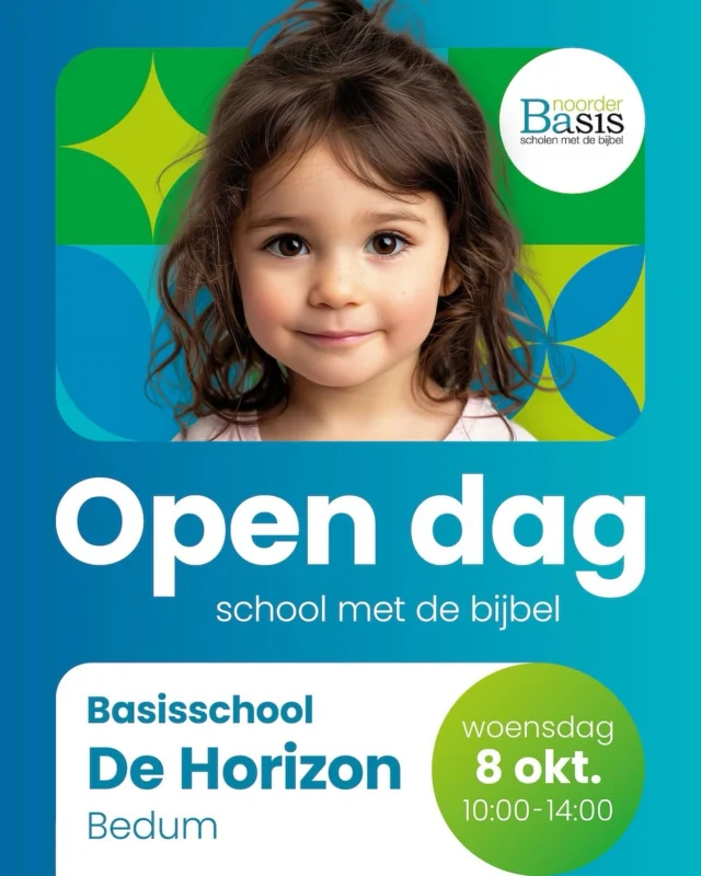 Open Dag – 8 oktoberBen je op zoek naar een kleinschalige basisschool?Bij Basisschool De Horizon in Bedum vind je:- Kleine groepen met persoonlijke aandacht- Een jong, gedreven schoolteam- Een ervaarbare christelijke identiteitOp woensdag 8 oktober van 10.00 – 14.00 uur staan onze deuren open!☕ Koffie en thee👩‍🏫 Stel je vragen aan onze medewerkers🏫 Bekijk samen met je zoon of dochter de schoolWij ontvangen je graag! #NoorderBasis #scholenmetdebijbel #opendag #BasisschoolDeHorizon #Bedum